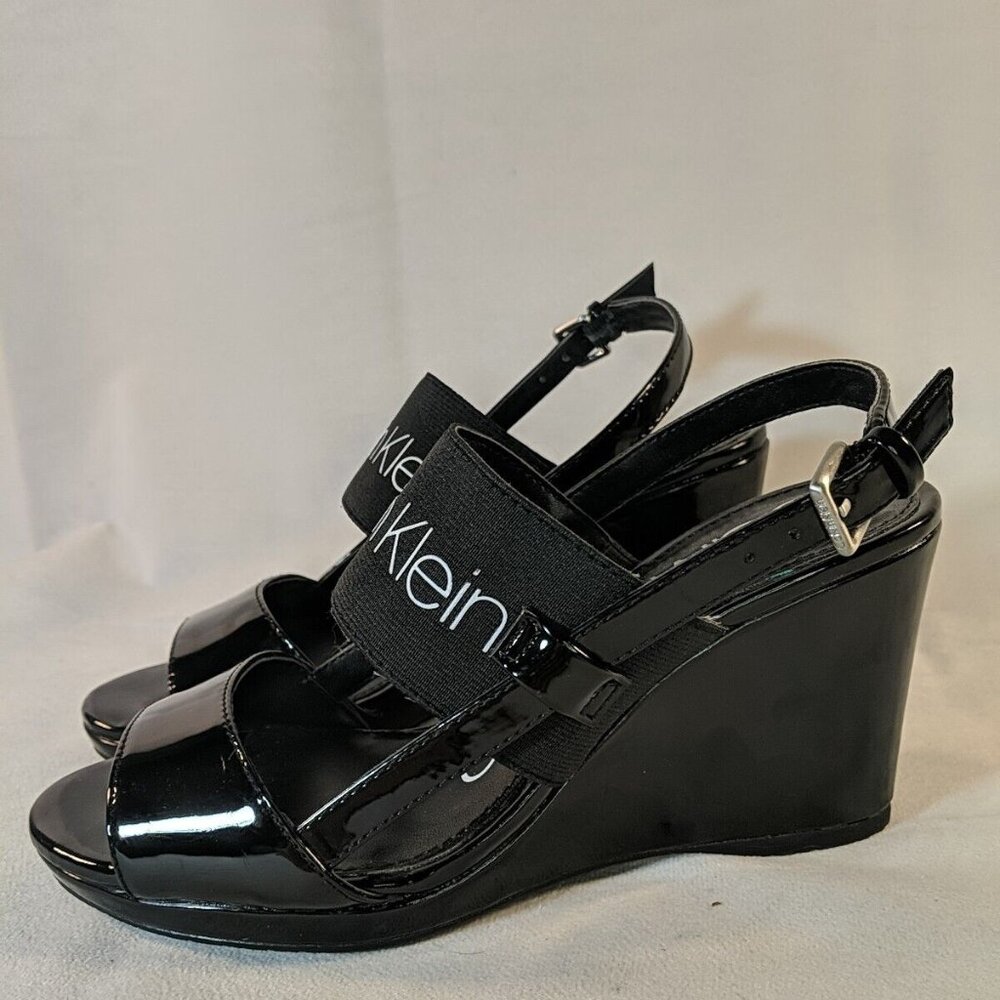 Calvin Klein BETHAN Black Strap Logo Heels 7.5 Black Wedge Patent 34E09131 Sling